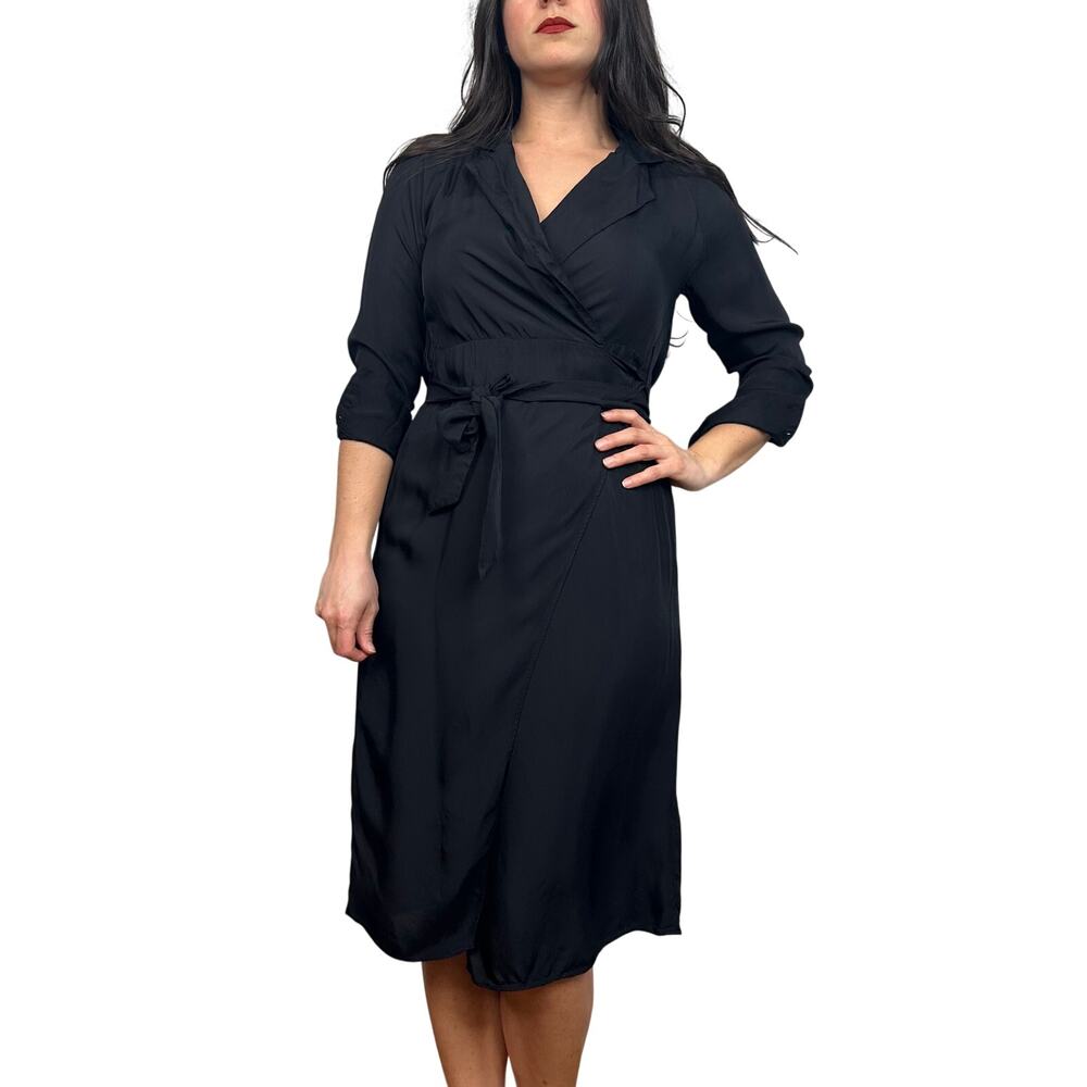 Banana Republic Black Satin Wrap Long Sleeve Dress